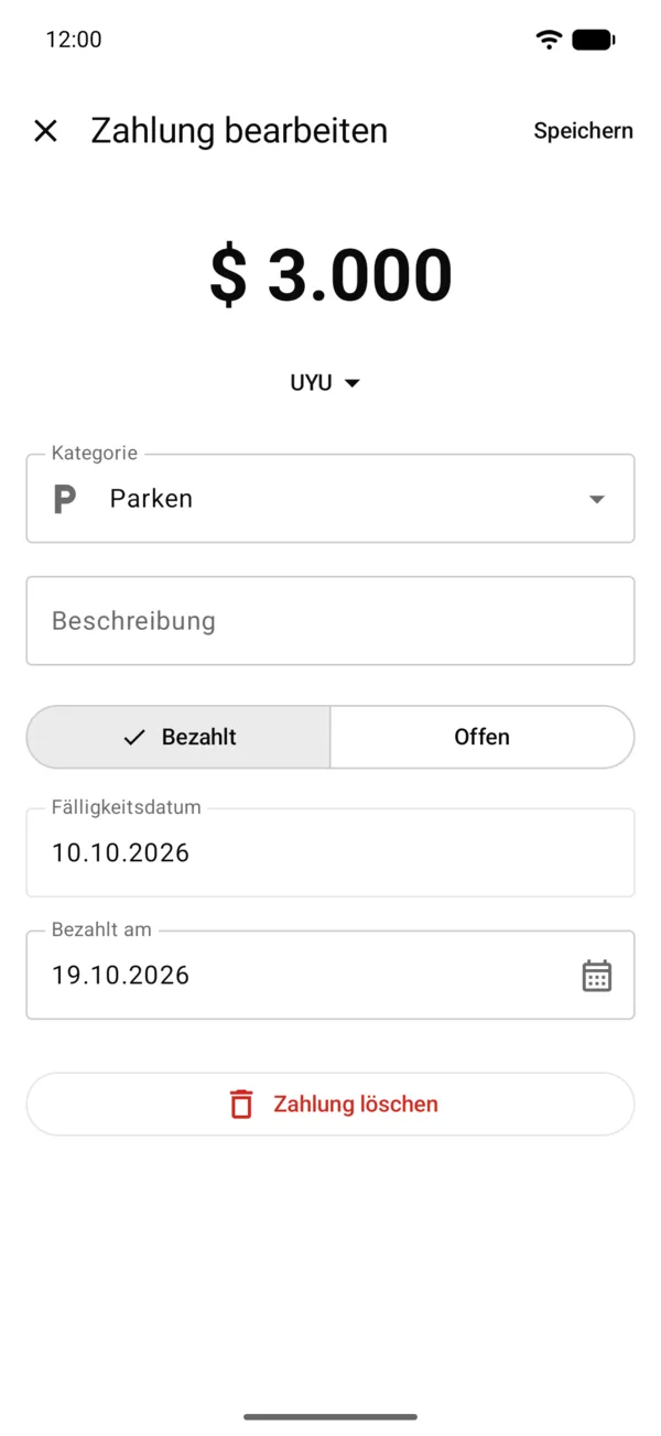 Eine Zahlung aus dem Archiv, zum Bearbeiten geöffnet