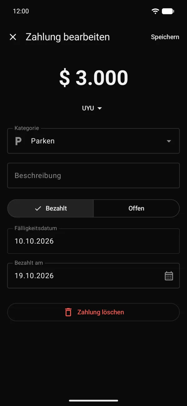 Eine Zahlung aus dem Archiv, zum Bearbeiten geöffnet