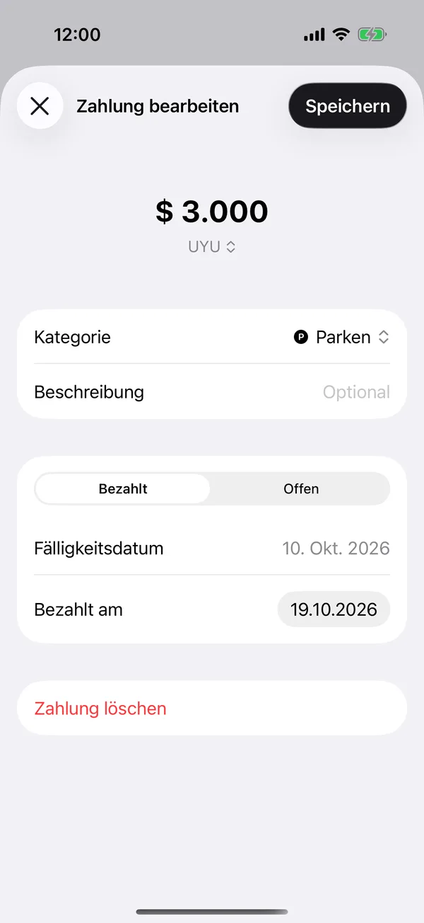 Eine Zahlung aus dem Archiv, zum Bearbeiten geöffnet