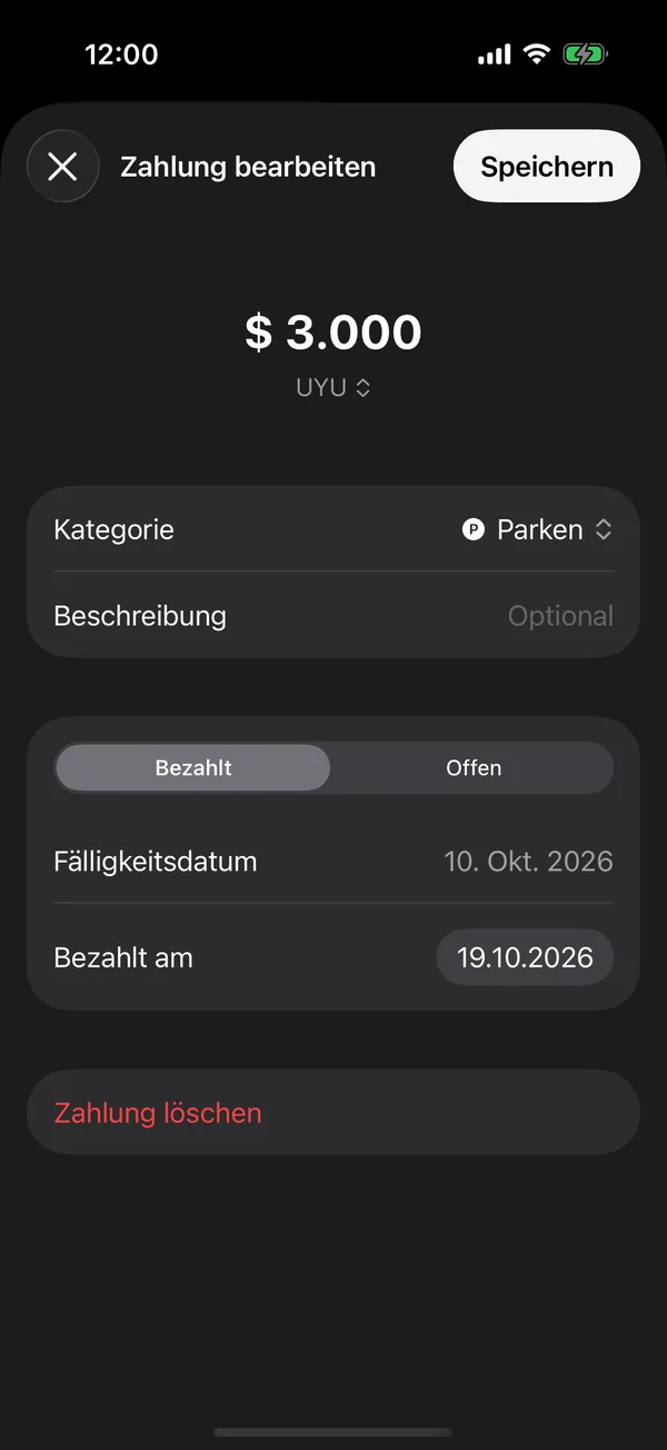 Eine Zahlung aus dem Archiv, zum Bearbeiten geöffnet