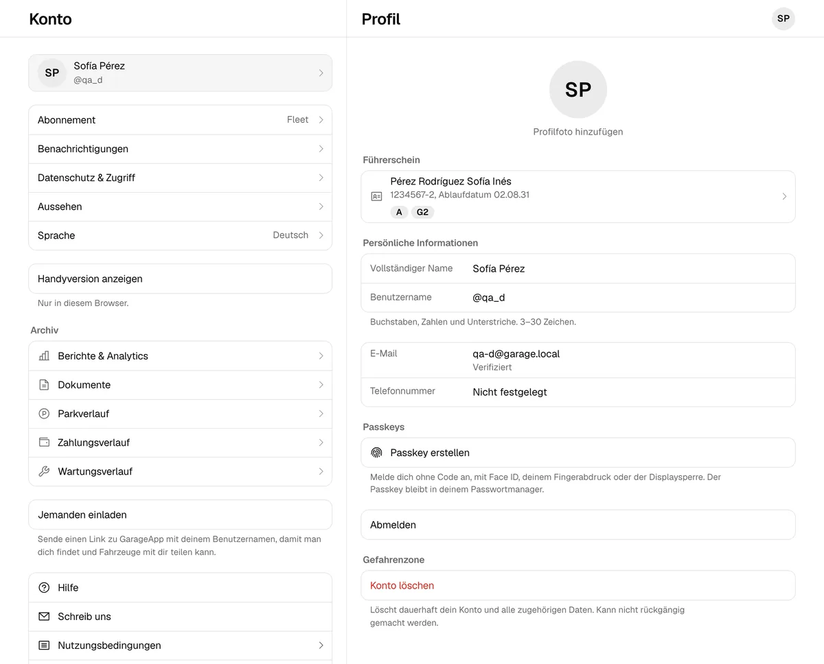 Dein Konto im Web am Computer, mit der Liste links und deinen persönlichen Informationen rechts