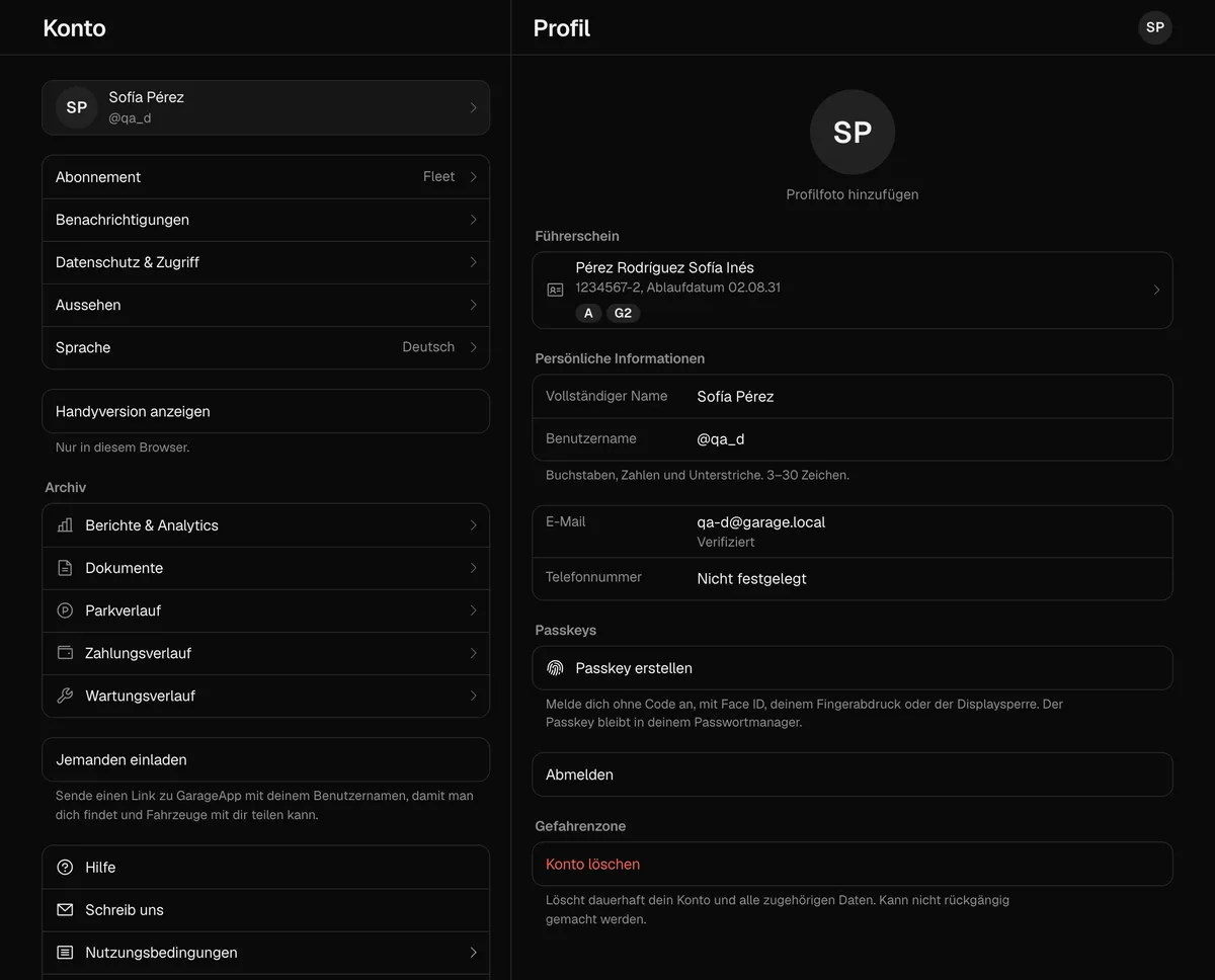 Dein Konto im Web am Computer, mit der Liste links und deinen persönlichen Informationen rechts
