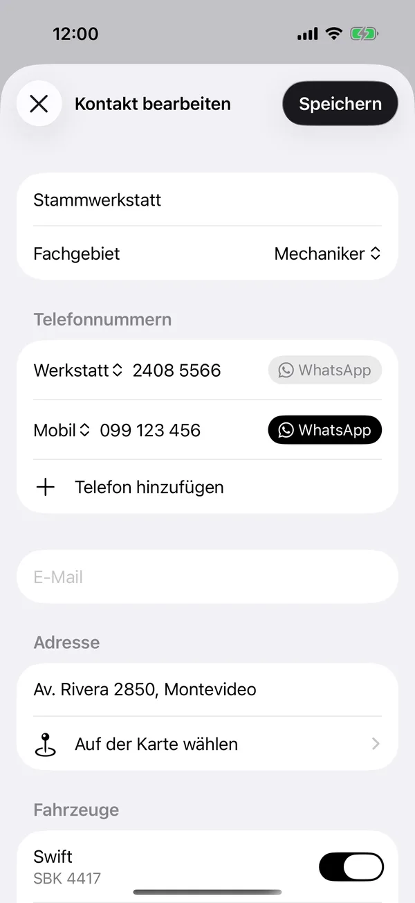 Ein Kontakt mit Fachgebiet, Telefonnummern, WhatsApp und Adresse