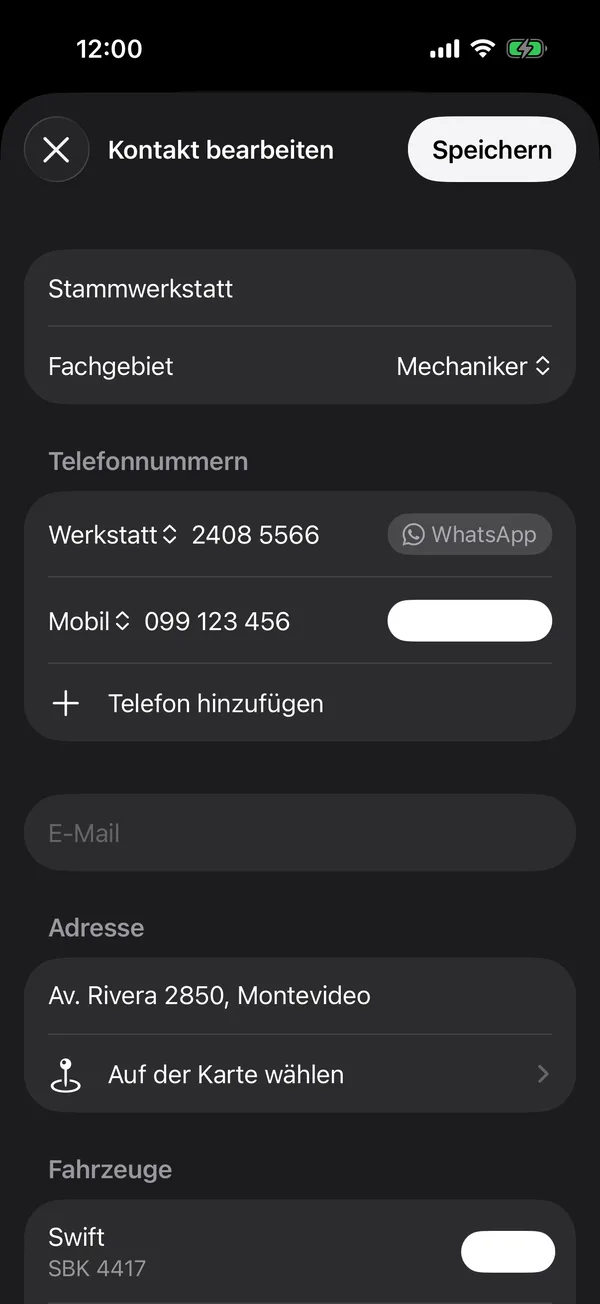 Ein Kontakt mit Fachgebiet, Telefonnummern, WhatsApp und Adresse