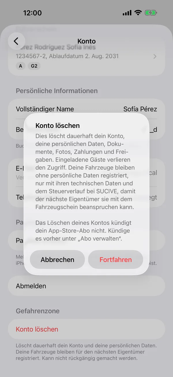 Die Meldung Konto löschen mit Abbrechen und Fortfahren