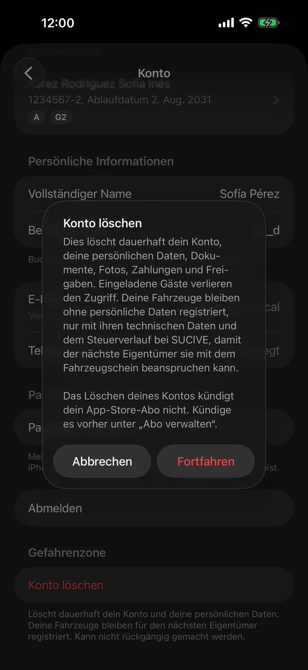 Die Meldung Konto löschen mit Abbrechen und Fortfahren