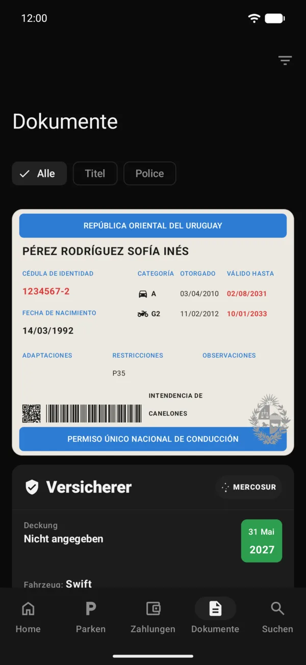 Eine Police mit dem MERCOSUR-Zeichen im Tab Dokumente