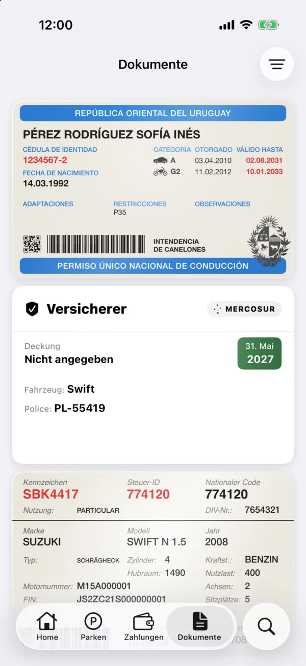 Eine Police mit dem MERCOSUR-Zeichen im Tab Dokumente