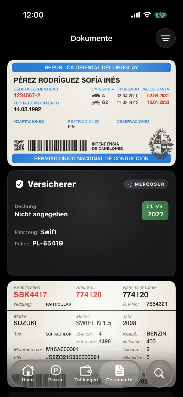 Eine Police mit dem MERCOSUR-Zeichen im Tab Dokumente