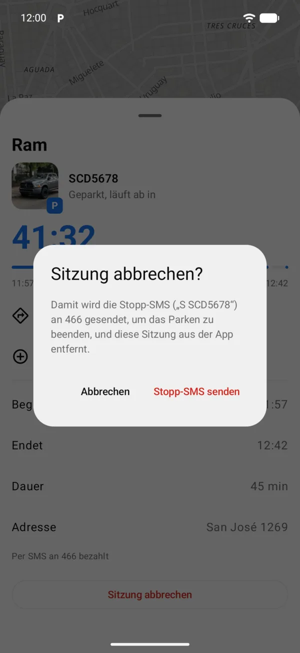 Die Meldung Sitzung abbrechen mit Stopp-SMS senden