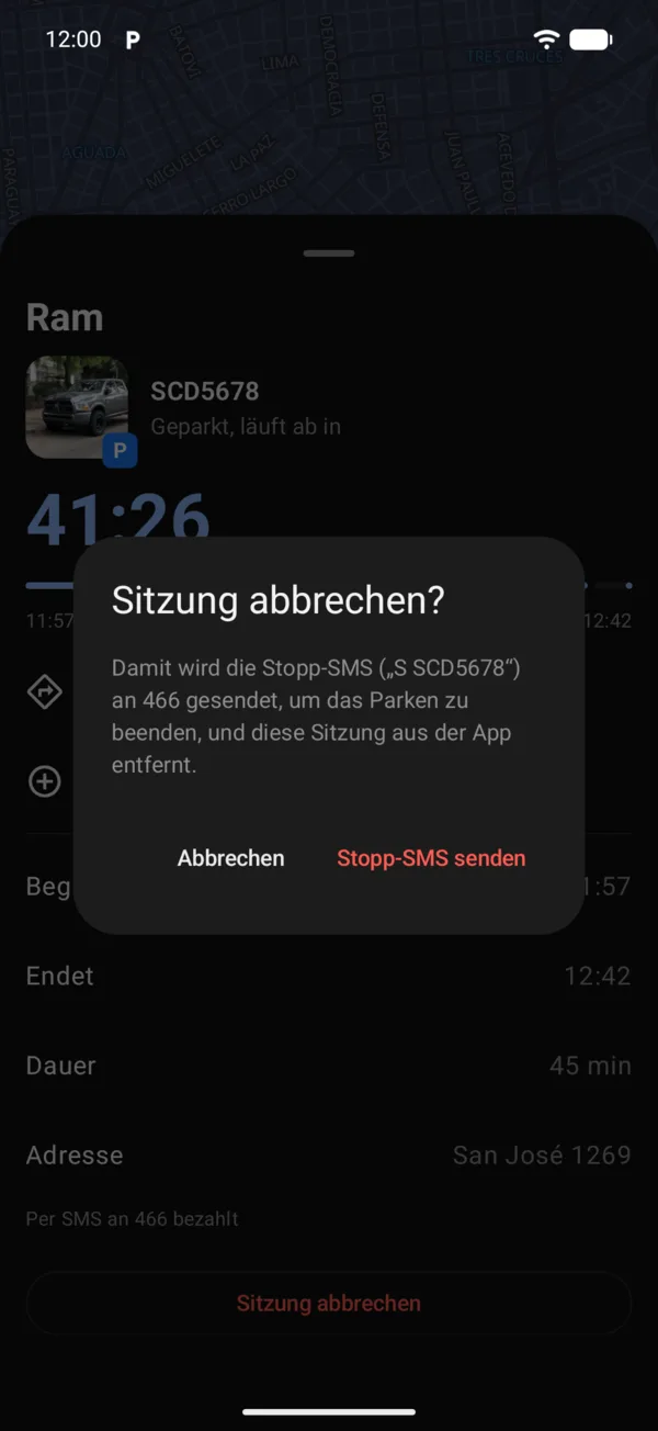 Die Meldung Sitzung abbrechen mit Stopp-SMS senden