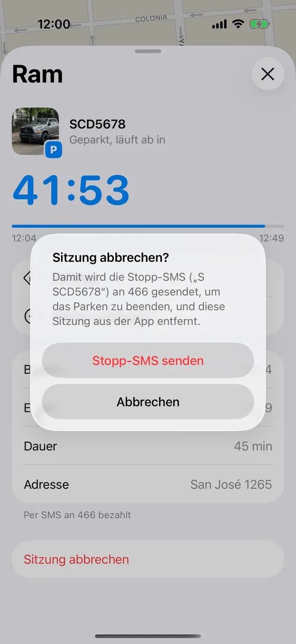 Die Meldung Sitzung abbrechen mit Stopp-SMS senden
