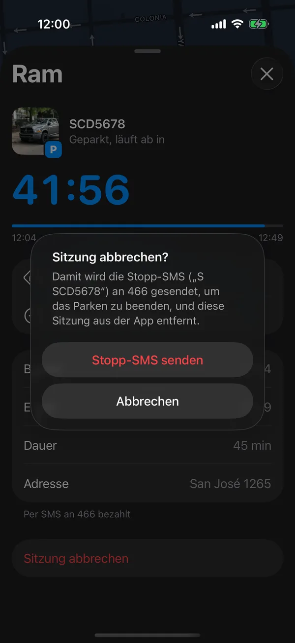 Die Meldung Sitzung abbrechen mit Stopp-SMS senden