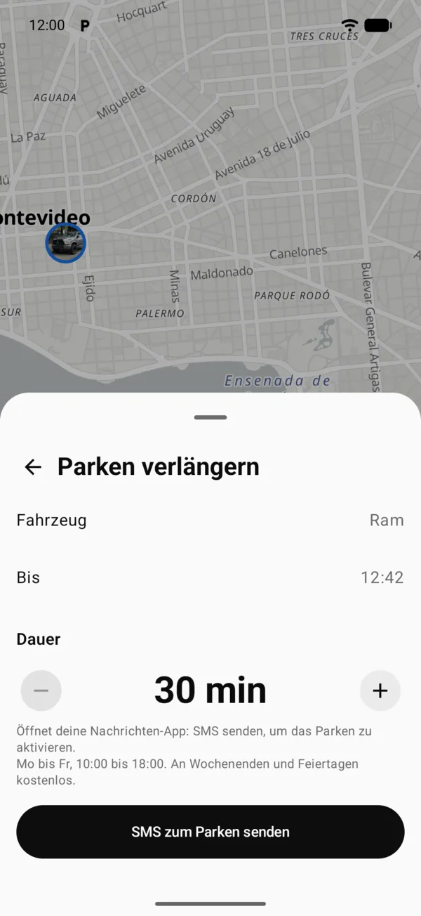 Der Bildschirm Parken verlängern mit der Dauer