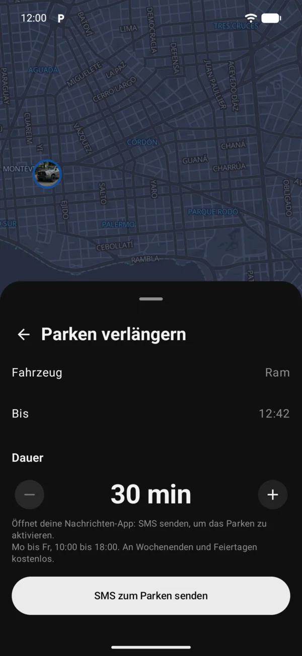 Der Bildschirm Parken verlängern mit der Dauer