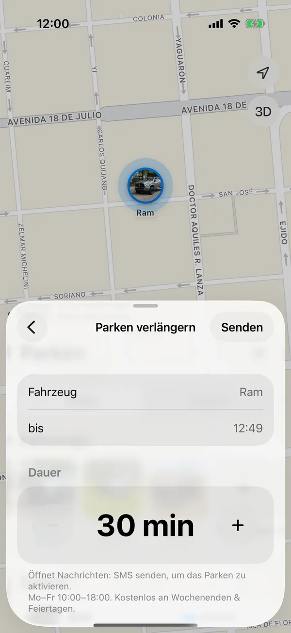 Der Bildschirm Parken verlängern mit der Dauer