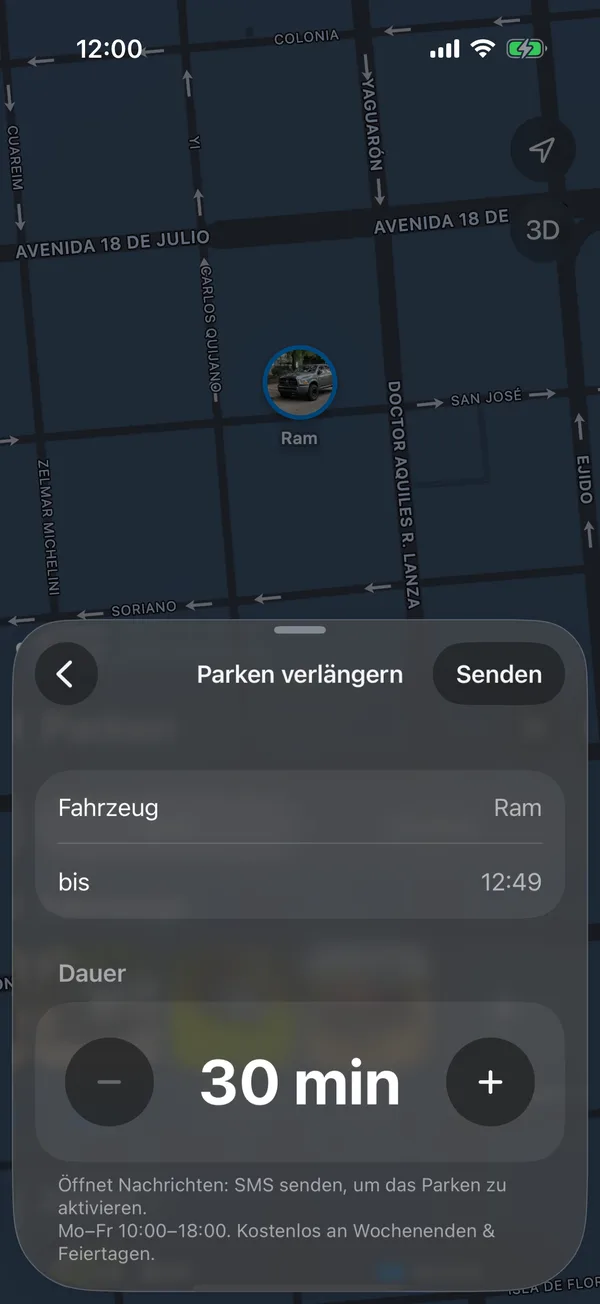 Der Bildschirm Parken verlängern mit der Dauer