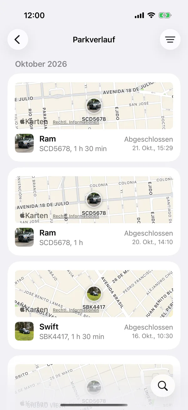 Der Parkverlauf mit einer Karte pro Sitzung