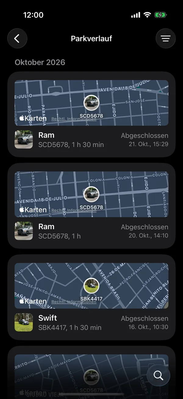 Der Parkverlauf mit einer Karte pro Sitzung
