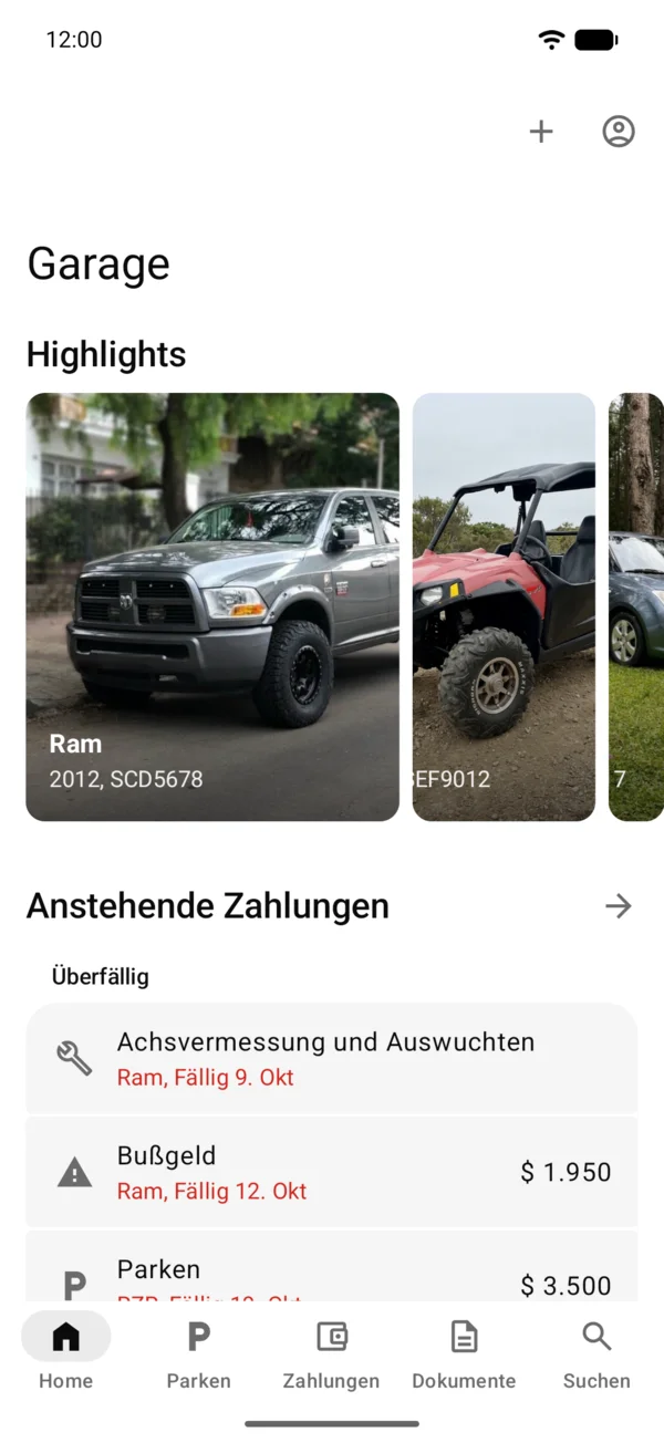 Home mit Highlights, Anstehende Zahlungen und Deine Fahrzeuge