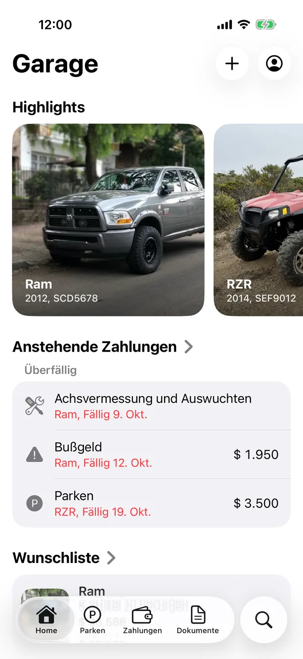 Home mit Highlights, Anstehende Zahlungen und Deine Fahrzeuge