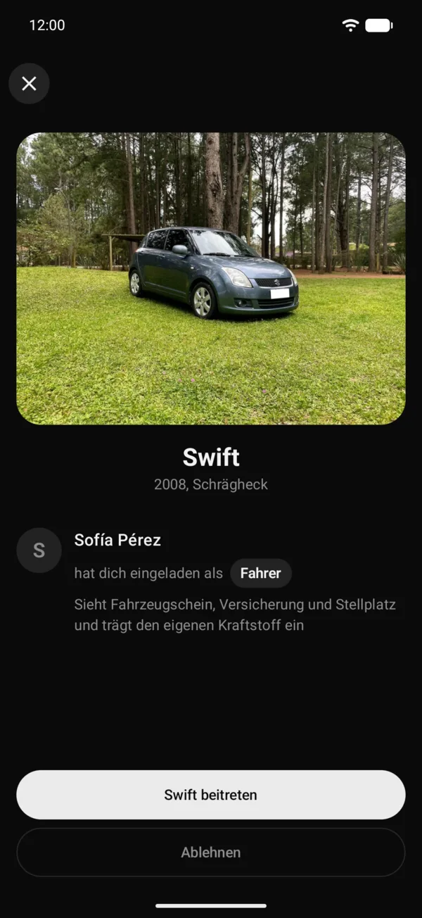 Eine Einladung zu einem Fahrzeug mit der Rolle und dem Beitreten-Button