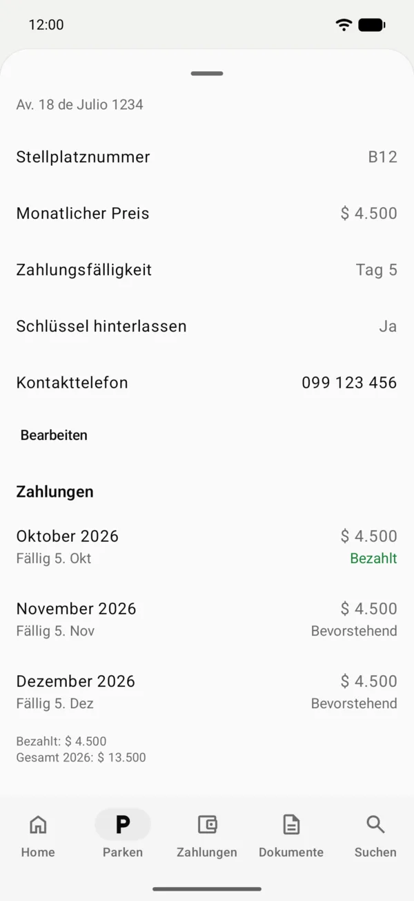 Ein gespeicherter Stellplatz mit Zum Parkplatz navigieren und seinen Angaben