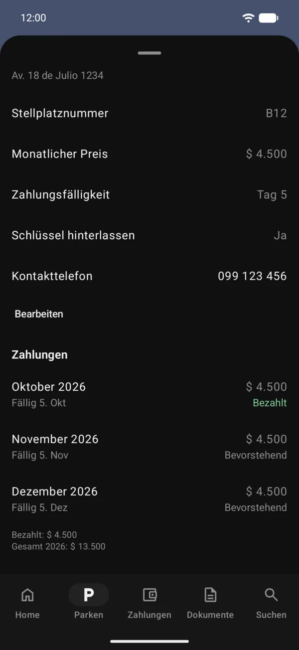 Ein gespeicherter Stellplatz mit Zum Parkplatz navigieren und seinen Angaben
