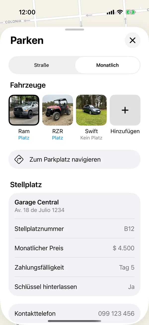 Ein gespeicherter Stellplatz mit Zum Parkplatz navigieren und seinen Angaben