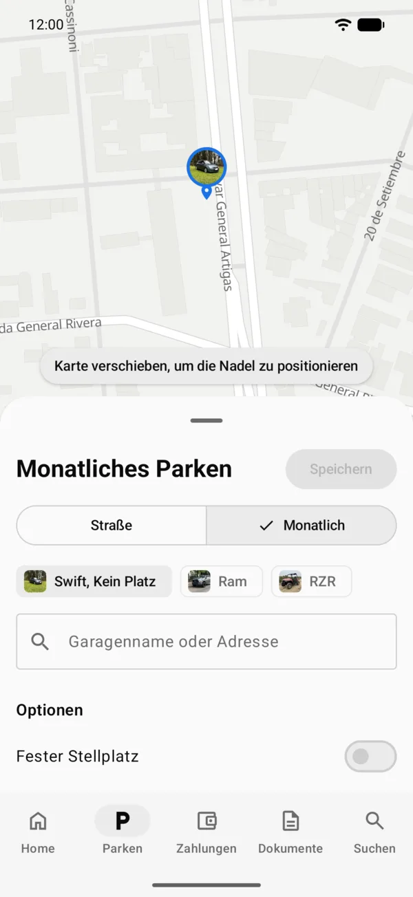 Das Formular für den Monatsstellplatz mit Optionen und Details