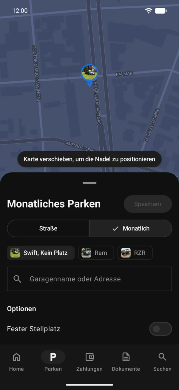Das Formular für den Monatsstellplatz mit Optionen und Details