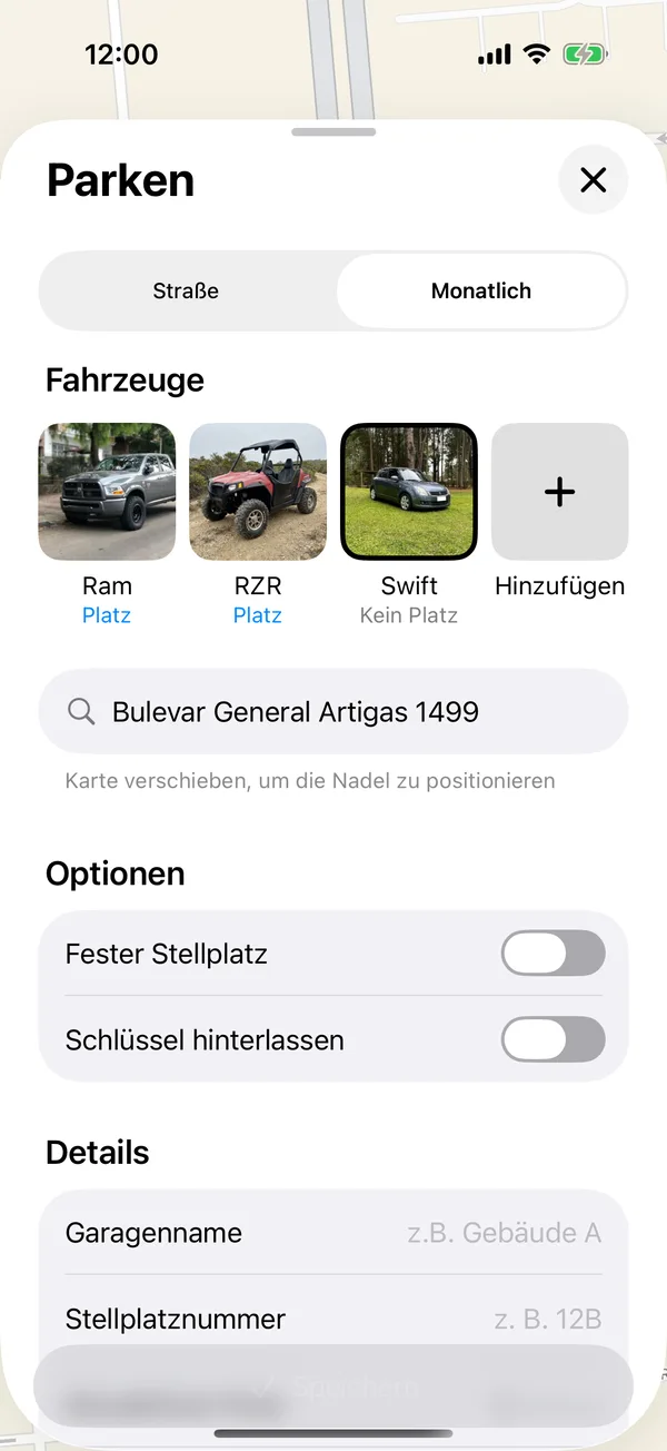 Das Formular für den Monatsstellplatz mit Optionen und Details