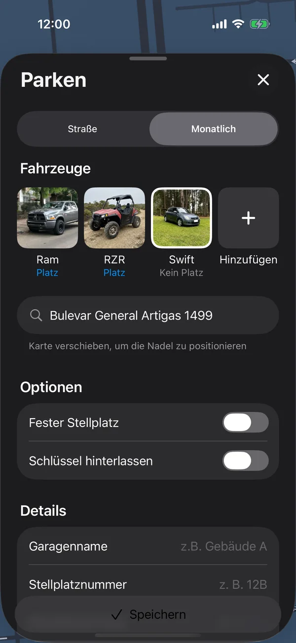 Das Formular für den Monatsstellplatz mit Optionen und Details