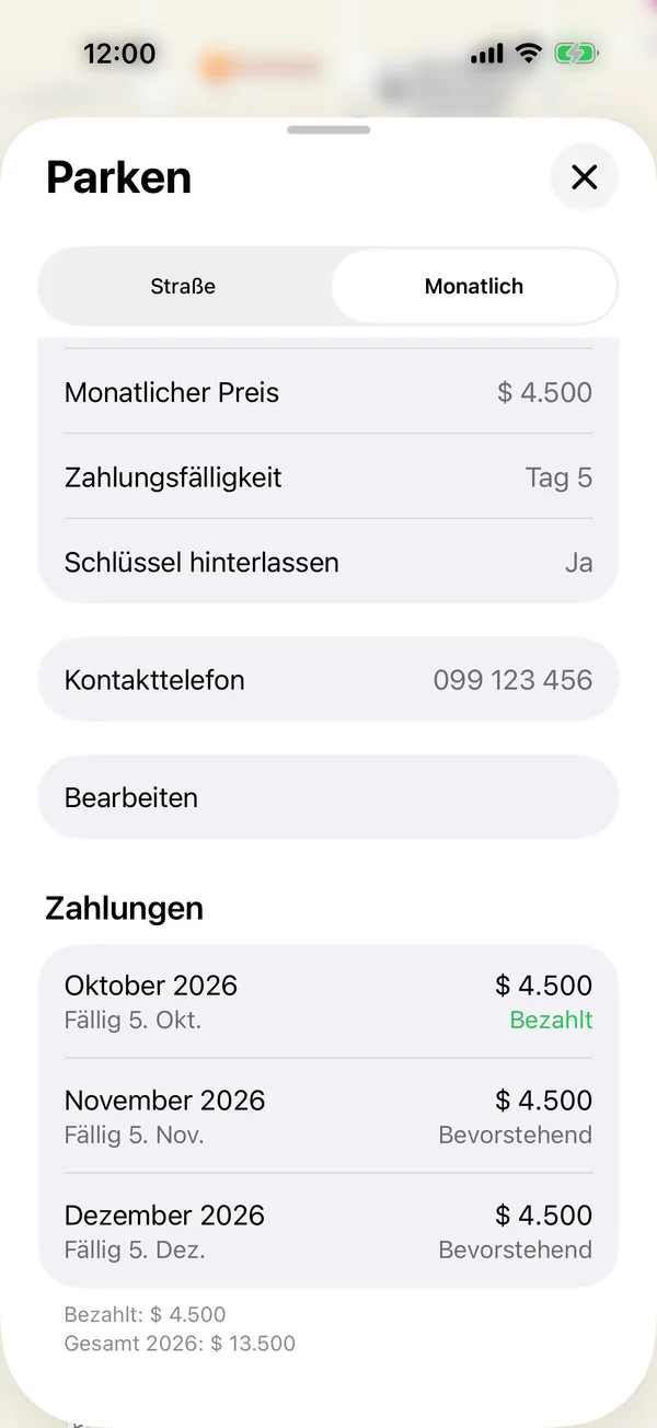 Der Bereich Zahlungen eines Stellplatzes, mit jedem Monat und seinem Status
