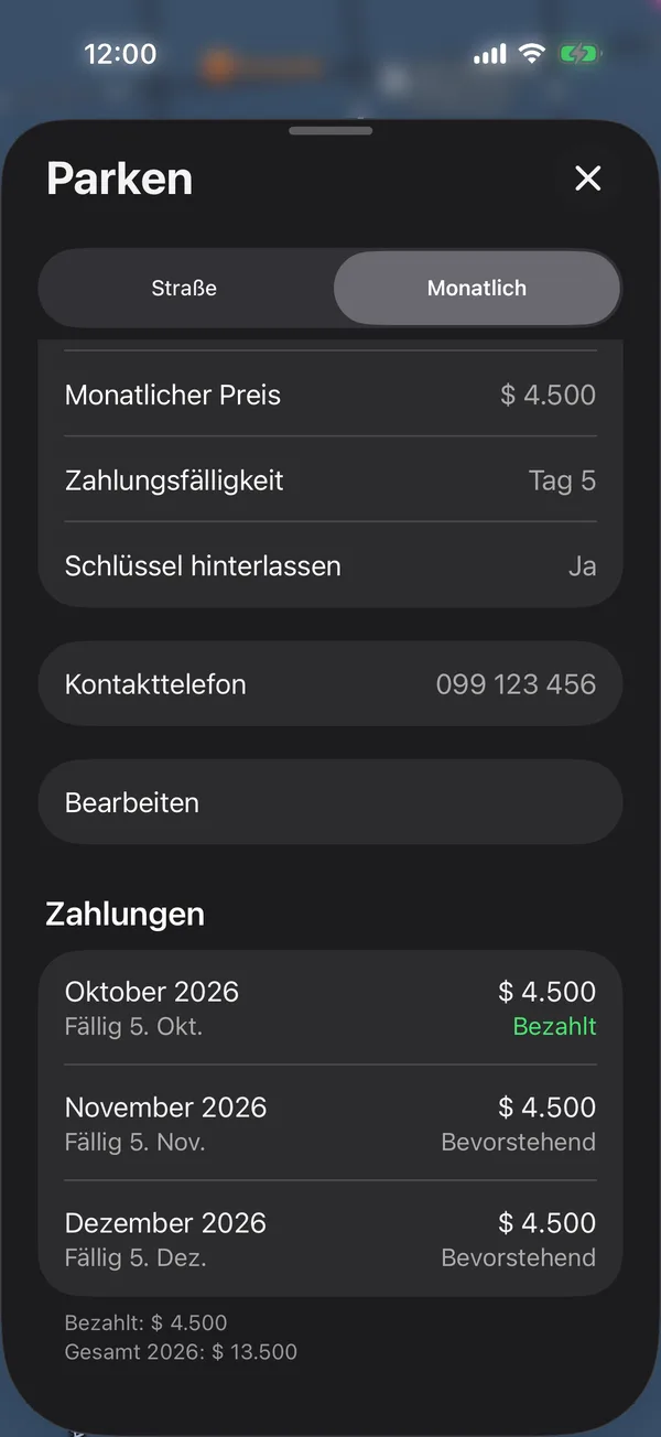 Der Bereich Zahlungen eines Stellplatzes, mit jedem Monat und seinem Status