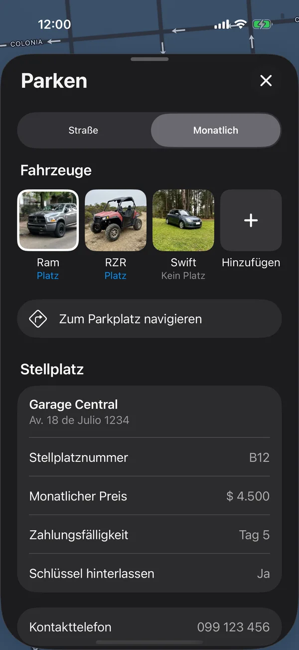 Ein gespeicherter Stellplatz mit Zum Parkplatz navigieren und seinen Angaben