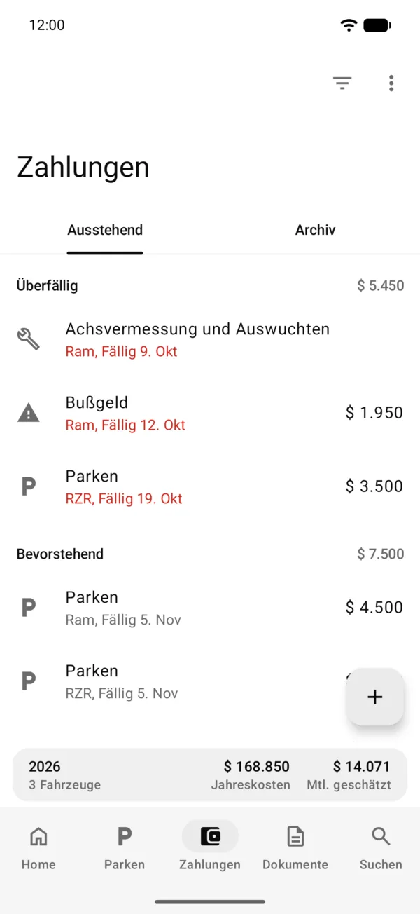 Der Tab Zahlungen mit den offenen Posten aller Fahrzeuge