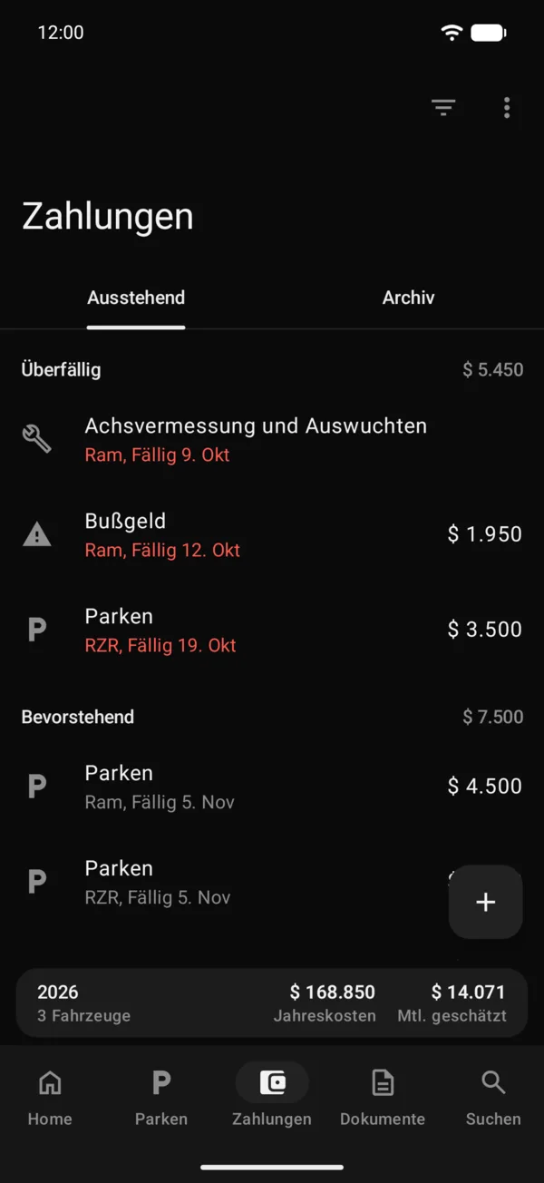 Der Tab Zahlungen mit den offenen Posten aller Fahrzeuge