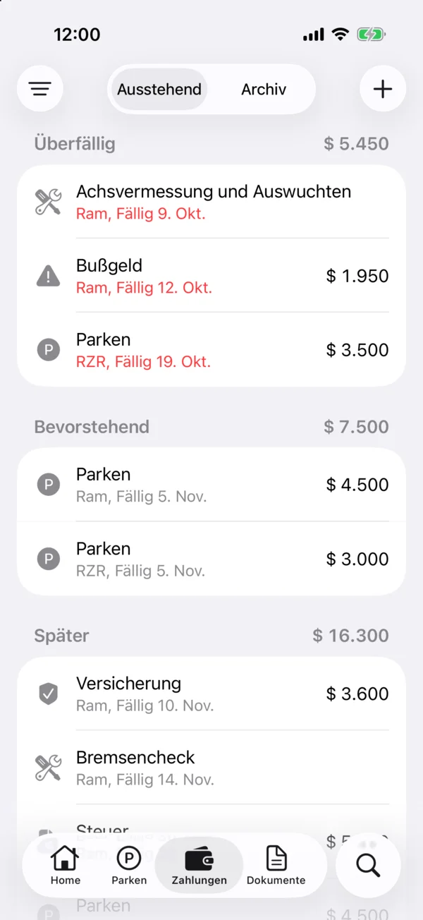 Der Tab Zahlungen mit den offenen Posten aller Fahrzeuge