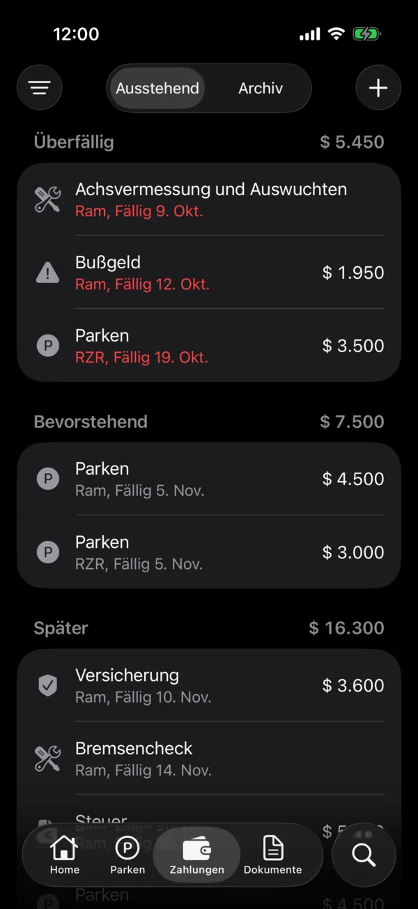 Der Tab Zahlungen mit den offenen Posten aller Fahrzeuge