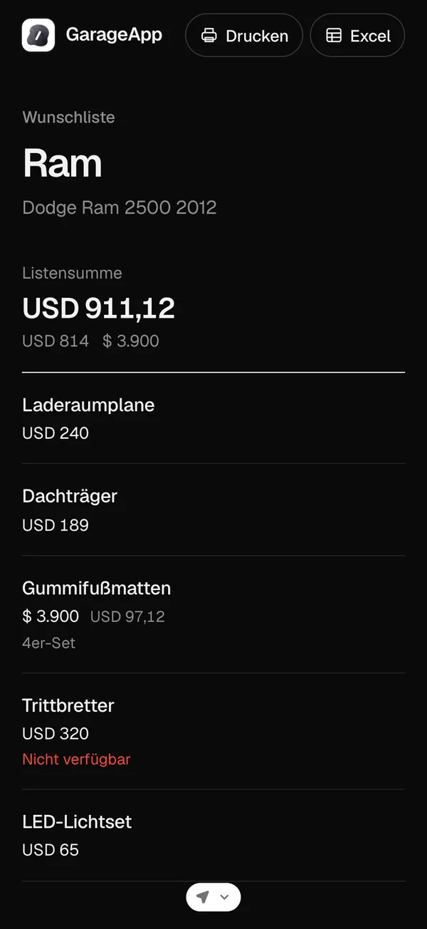 Die geteilte Liste im Browser, oben mit Excel und Drucken