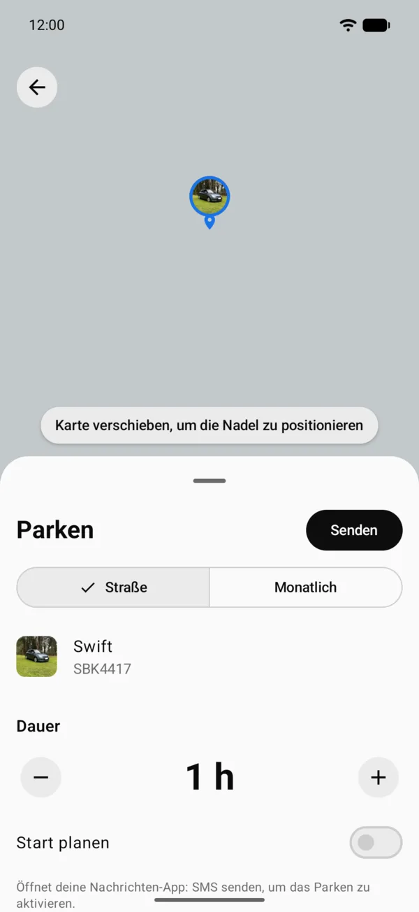 Das Parkformular mit der Nadel auf der Karte und der Dauer