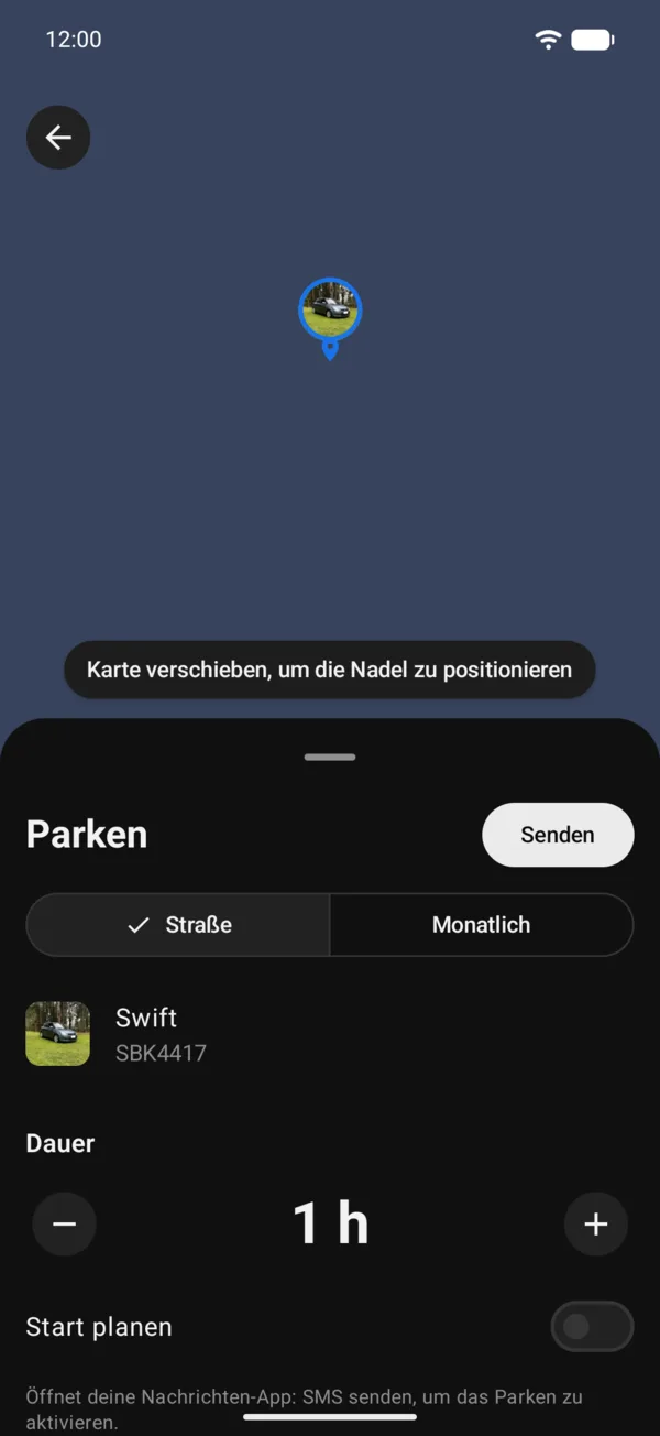 Das Parkformular mit der Nadel auf der Karte und der Dauer