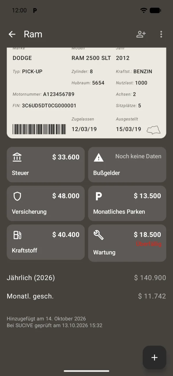 Die Kacheln für Steuer, Bußgelder, Versicherung, Parken, Kraftstoff und Services
