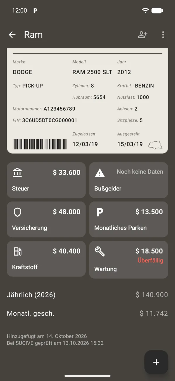 Die Kacheln für Steuer, Bußgelder, Versicherung, Parken, Kraftstoff und Services