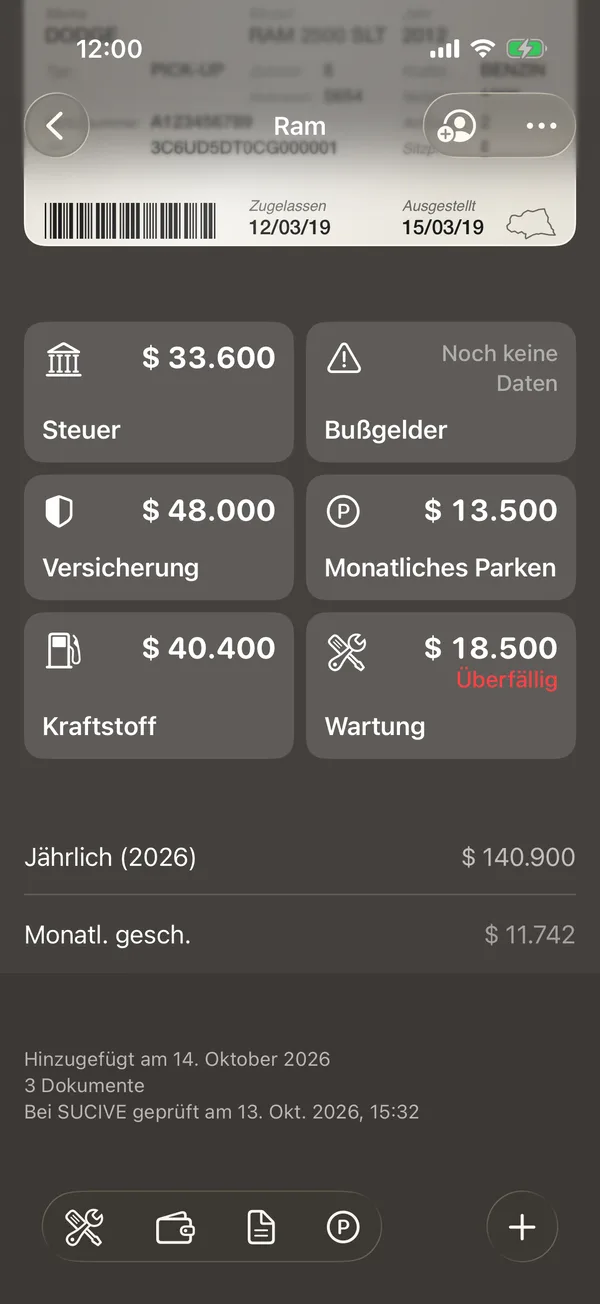 Die Kacheln für Steuer, Bußgelder, Versicherung, Parken, Kraftstoff und Services