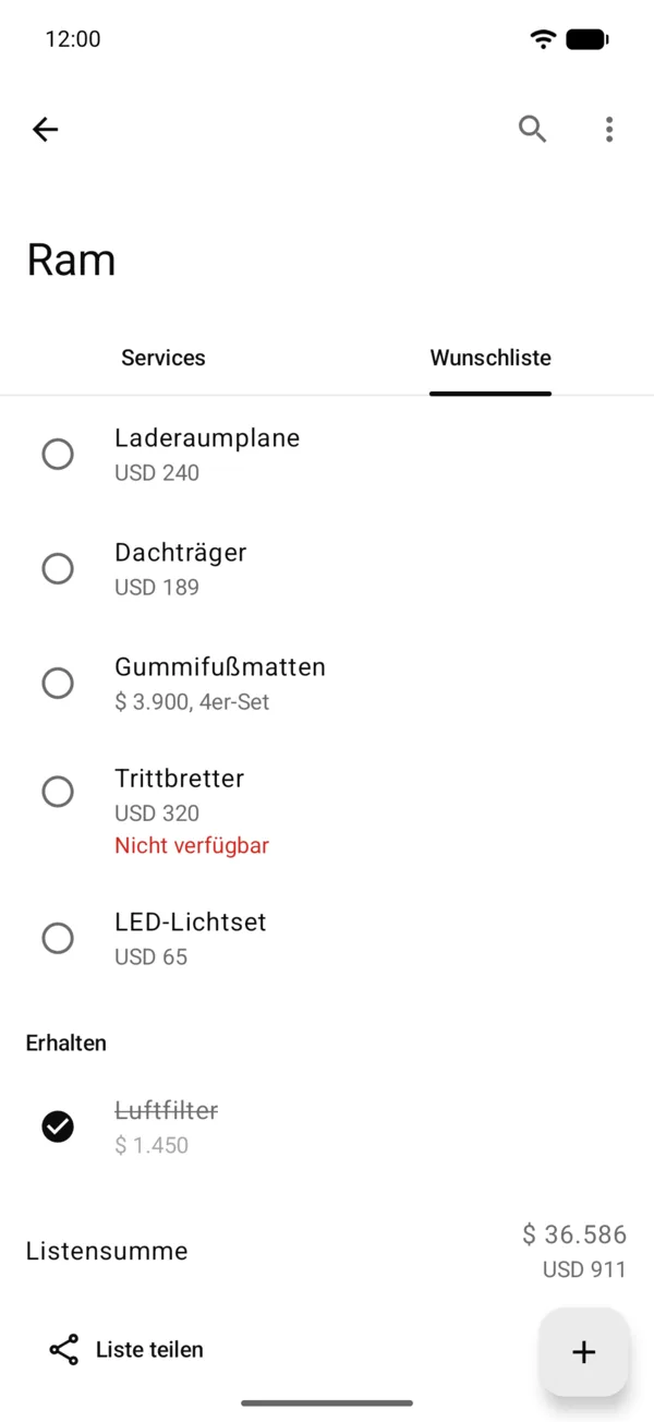 Die Wunschliste eines Fahrzeugs mit Artikeln und Preisen