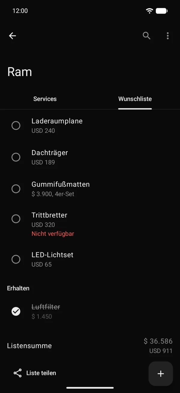 Die Wunschliste eines Fahrzeugs mit Artikeln und Preisen