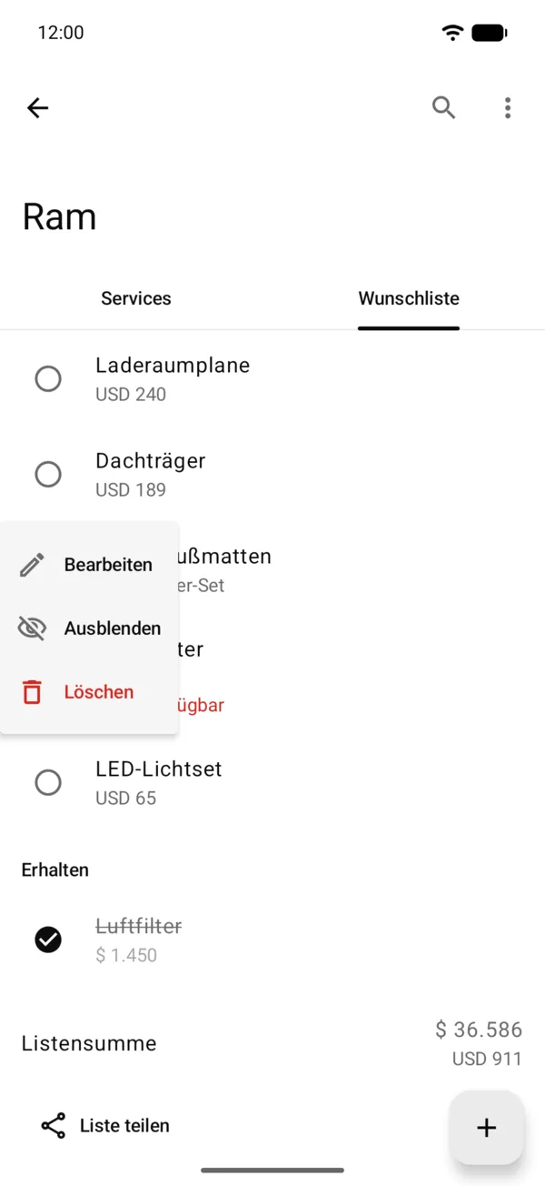 Das Menü eines Artikels mit Bearbeiten, Ausblenden und Löschen
