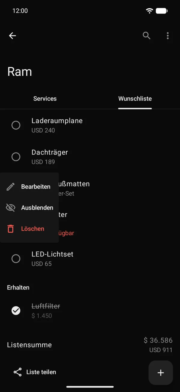 Das Menü eines Artikels mit Bearbeiten, Ausblenden und Löschen